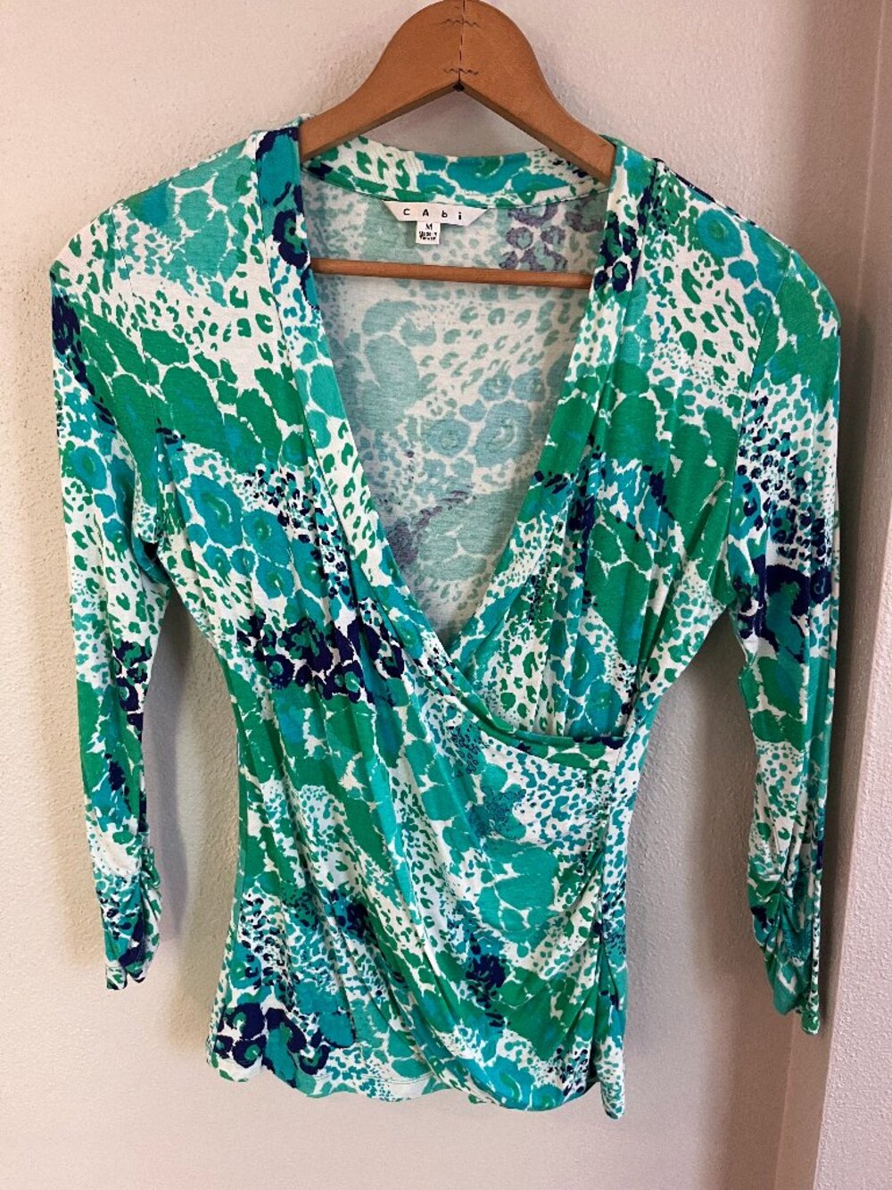 Cabi Faux-Wrap Knit Top in Green Abstract Print